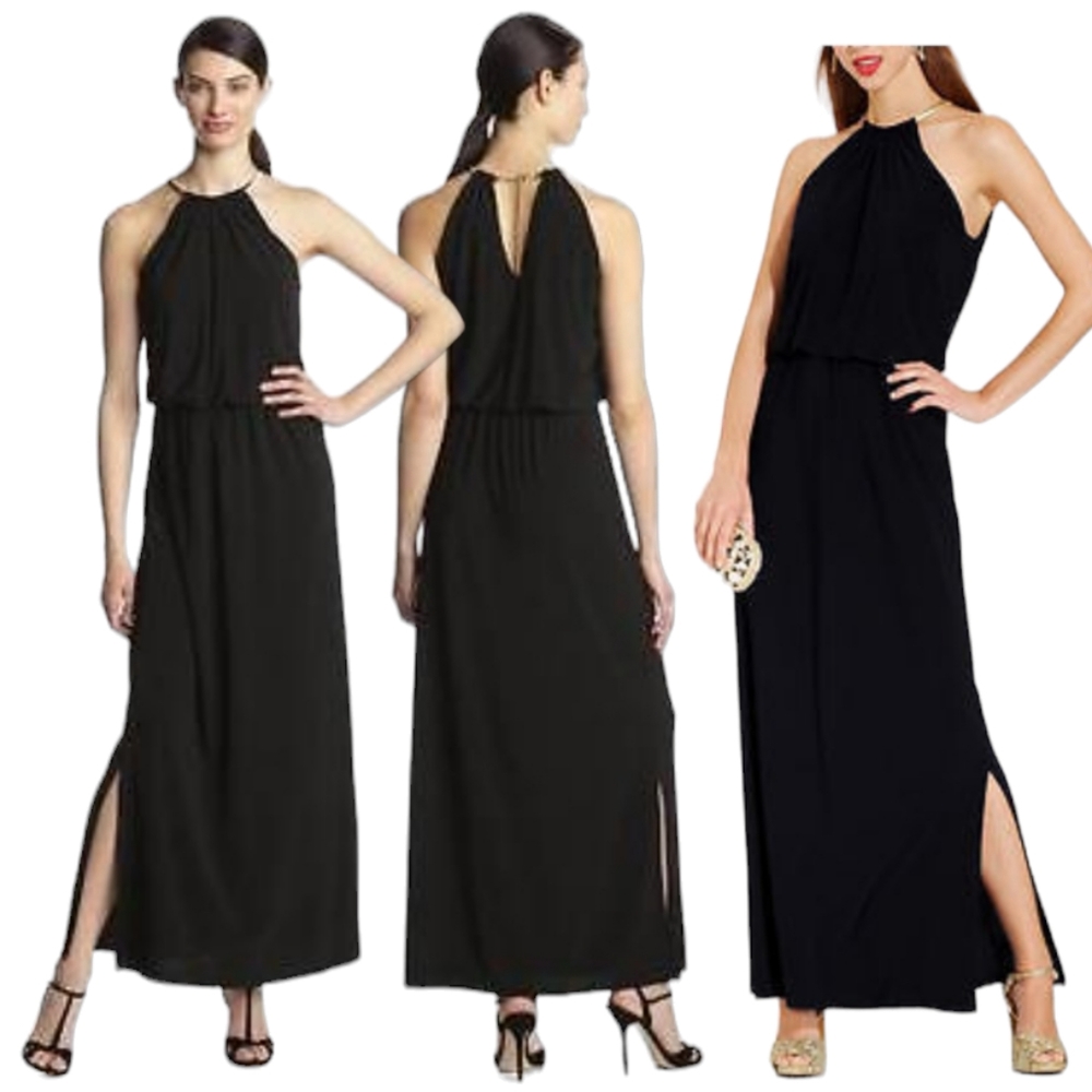 JBS Black with gold hardware Halter Maxi Dress size medium